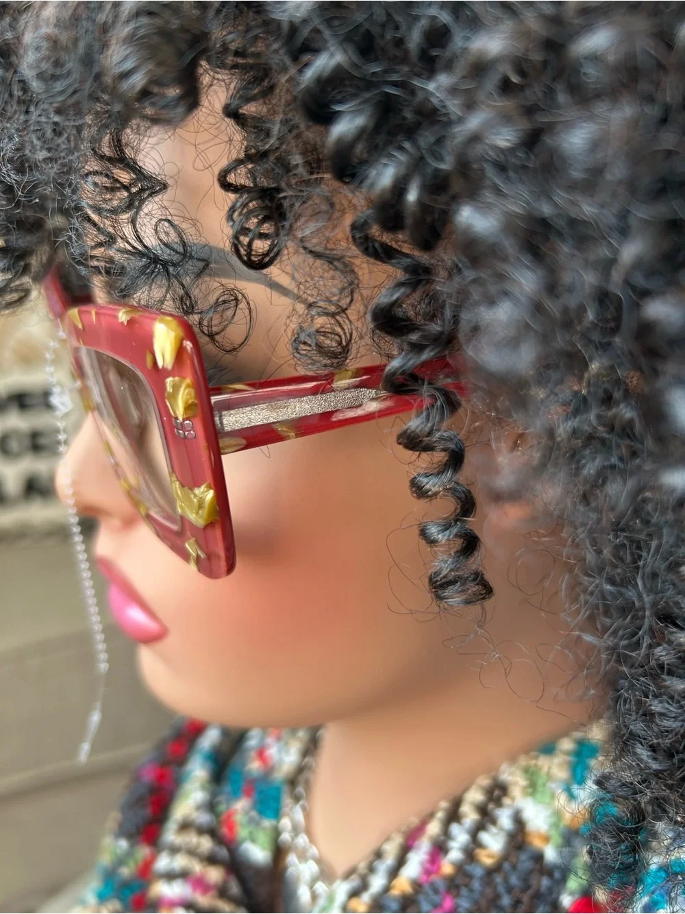 Red Floral Cat-Eye Sunglasses with Rhinestone Nose Chain